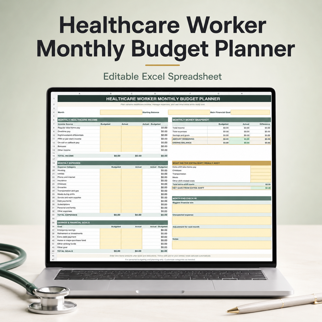 Healthcare Worker Monthly Budget Planner | Editable Excel Spreadsheet