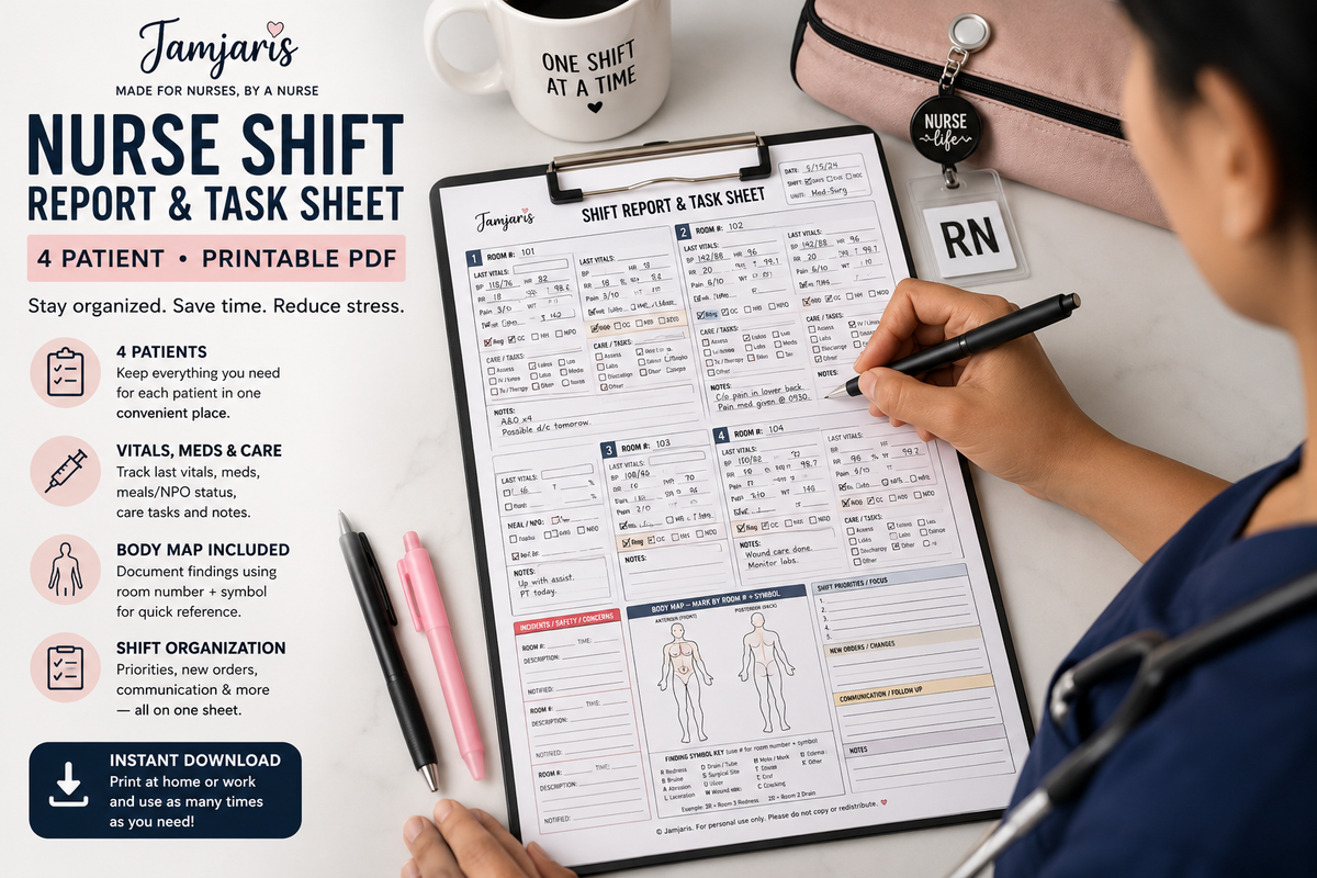 Nurse Shift Report & Task Sheet – 4 Patient Printable PDF