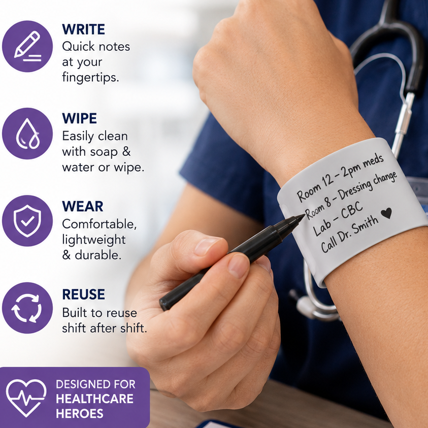 Healthcare worker writing a reminder on a reusable silicone memo wristband